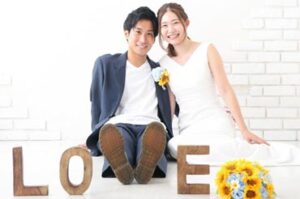 写真館武蔵野創寫舘テディベア結婚記念写真木製の文字